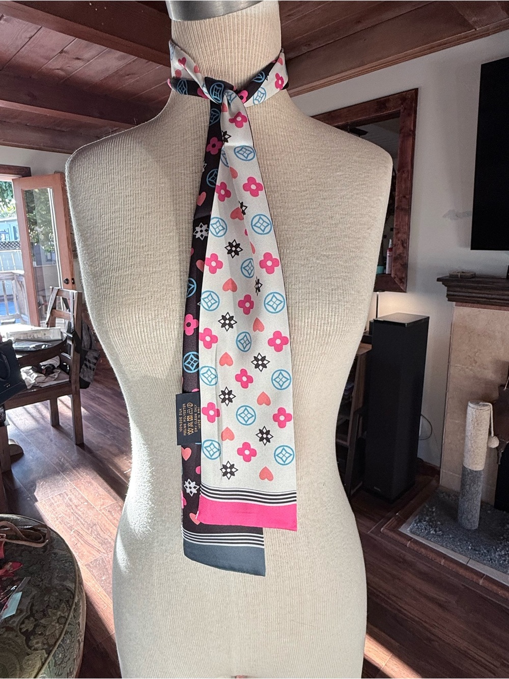 Monogrammed Twilly Scarf in Pink, Black and White